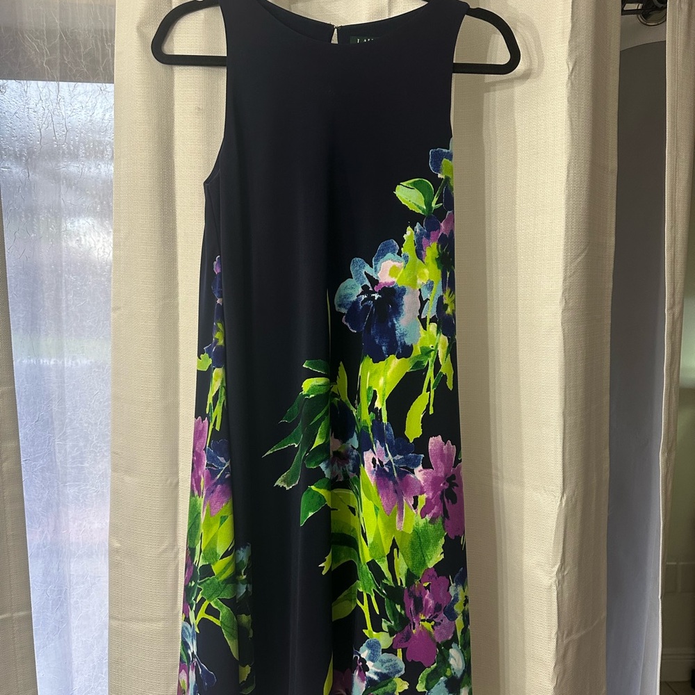Ralph Lauren Floral Sleeveless Navy Dress with Purple and Green Accents